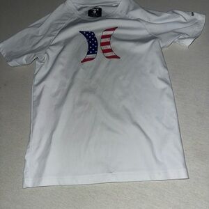 Kids Size Medium Hurley White Tee with American Flag Logo Rashguard